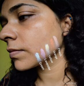 kay beauty colour correcting primer swatches on bare face